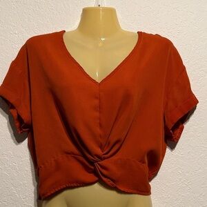 Shinestar Rust Burnt Orange Twist Front Blouse Crop Top Short Sleeve Size M Fall